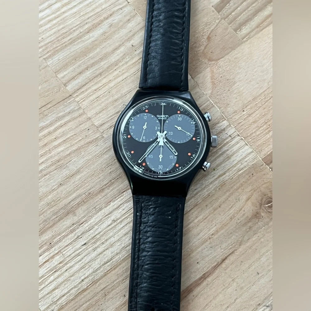Swatch Chronograph 1991 Wall Street Super Rare Vintage Watch Black Dial Leather
